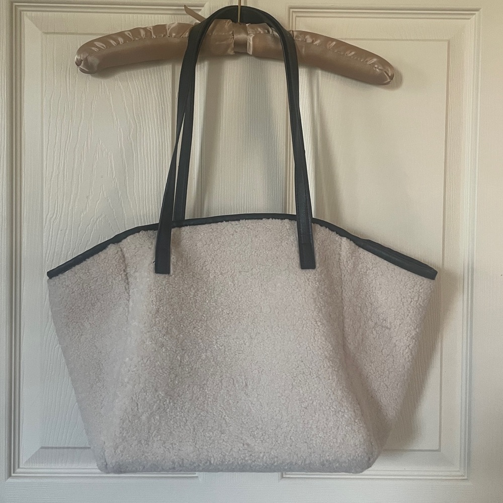 Neiman Marcus Cream Faux Shearling Tote with Black Trim
